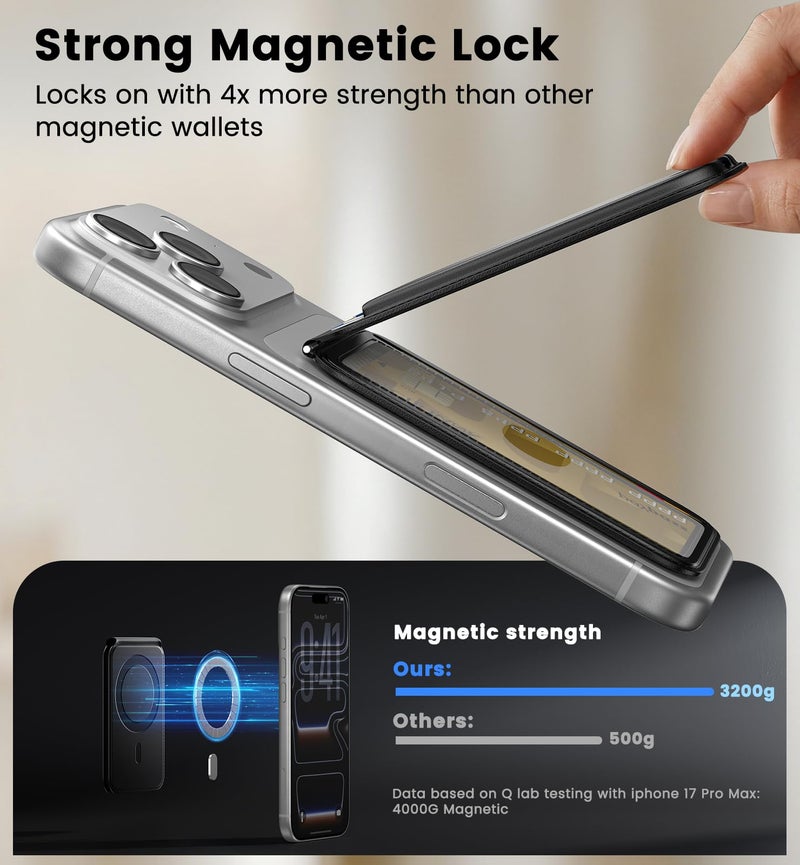 QYQBOON Magnetic Phone Wallet With Makeup Mirror - Mag Safe Wallet Leather RFID-Blocking Mag-Safe Card Holder for iPhone 17/16/15/14/13/12 Series, Not for iPhone 13/12 Mini (Black) - Image 3