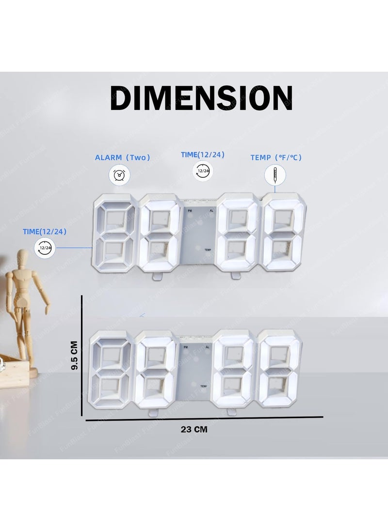 FunBlast - FunBlast Digital Led Clock – 3D Led Digital Wall Clock, Electronic Clock Digital Wall Clock with Time, Date & Temperature Display, Alarm Clock with USB Wire, Non Ticking Silent Clock (White) - Image 1