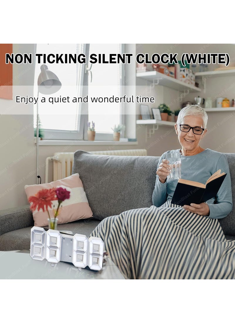 FunBlast - FunBlast Digital Led Clock – 3D Led Digital Wall Clock, Electronic Clock Digital Wall Clock with Time, Date & Temperature Display, Alarm Clock with USB Wire, Non Ticking Silent Clock (White) - Image 1