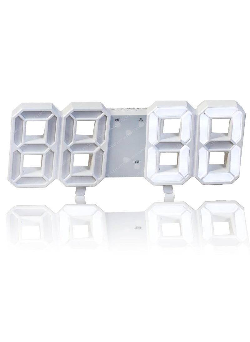 FunBlast - FunBlast Digital Led Clock – 3D Led Digital Wall Clock, Electronic Clock Digital Wall Clock with Time, Date & Temperature Display, Alarm Clock with USB Wire, Non Ticking Silent Clock (White) - Image 1