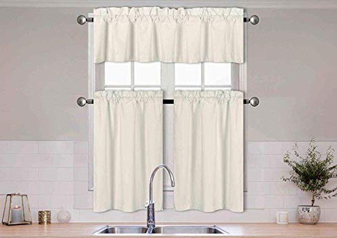 Home Collection 3 Pieces Solid Color Kitchen Curtain Set Tier and Valence with Rod Pocket Microfiber 100% Sunlight Blackout Drapes Window Treatment New (Ivory) - Image 1