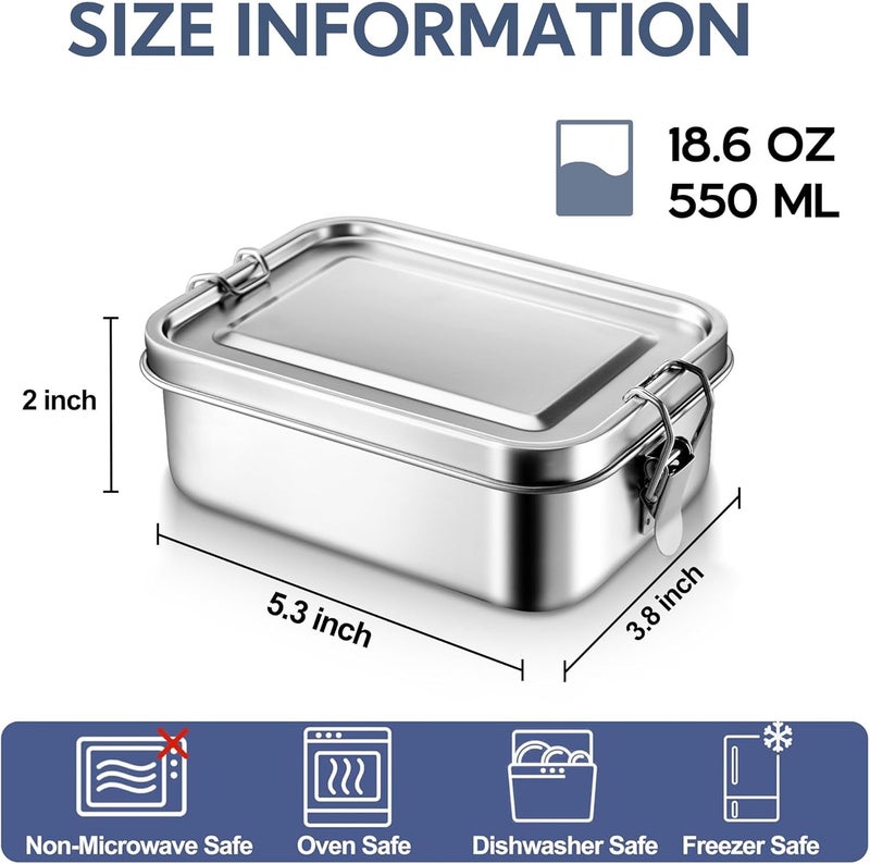 E-far 2 Pieces Stainless Steel Bento Box, Mini 550ml Metal Lunch Box, 18.6oz Leak-Proof Food Snack Container with Lids, Reusable Meal Storage for Camping Picnic Travel Work - Image 2
