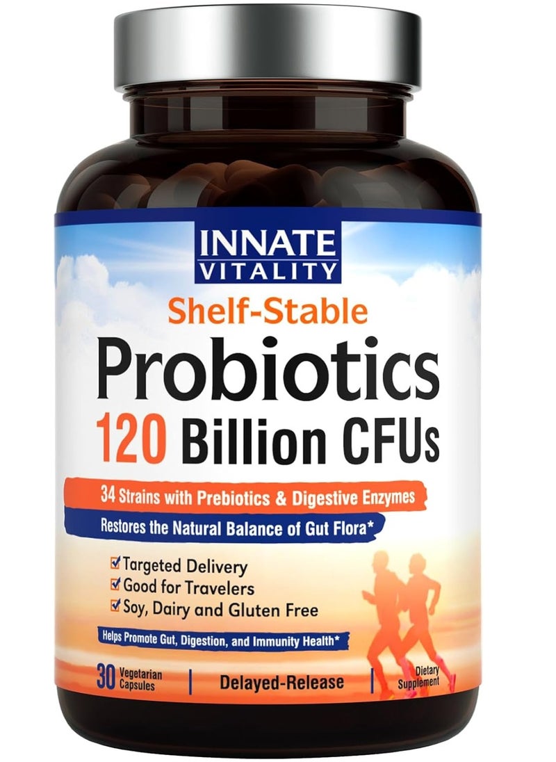 Innate Vitality Probiotics 120 Billion CFUs, 34 Strains with Prebiotics & Digestive Enzymes - 30 Capsules  - Image 1
