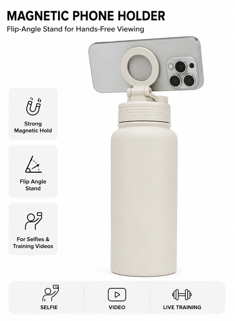 YoSBody Insulated Water Bottle with Magnetic Phone Holder, 1000ml Sports Gym Water Cup with Flip Angle Stand, Portable Travel Bottle for Outdoor Fitness and Home Use - Image 1
