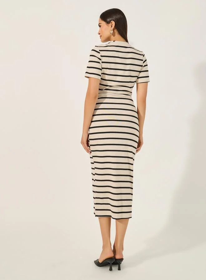 Styli Styli Stripe Regular Fit Midi Dress with Side Slit