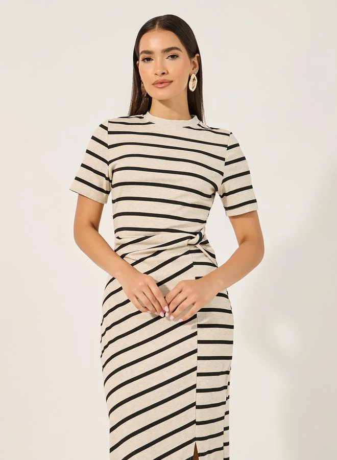 Styli Styli Stripe Regular Fit Midi Dress with Side Slit