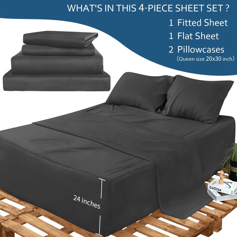 Moonsea Deep Pocket Twin XL Sheet Sets - Extra Long Twin Sheets - 4 Piece Bed Sheets Twin XL Fade Resistant Fits 16in to 24in Pillow Top Air Bed Mattress - Black - Image 3