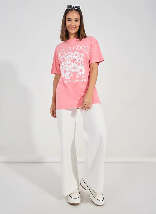 Styli Oversized Acid Wash Floral Graphic Print T-Shirt