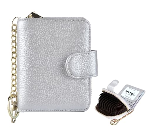 Beurlike Women's RFID Credit Card Wallet Organizer Case Leather Ladies Small Security Card Holder(Upgrade a (10 Accordion/Key Ring) - Silver) - Image 1