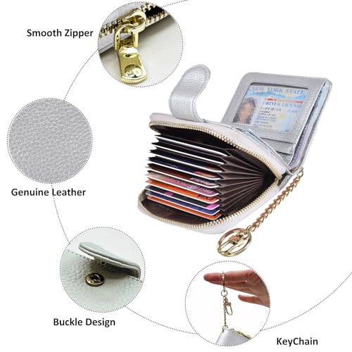 Beurlike Women's RFID Credit Card Wallet Organizer Case Leather Ladies Small Security Card Holder(Upgrade a (10 Accordion/Key Ring) - Silver) - Image 3