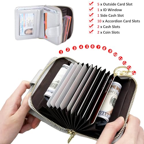 Beurlike Women's RFID Credit Card Wallet Organizer Case Leather Ladies Small Security Card Holder(Upgrade a (10 Accordion/Key Ring) - Silver) - Image 4