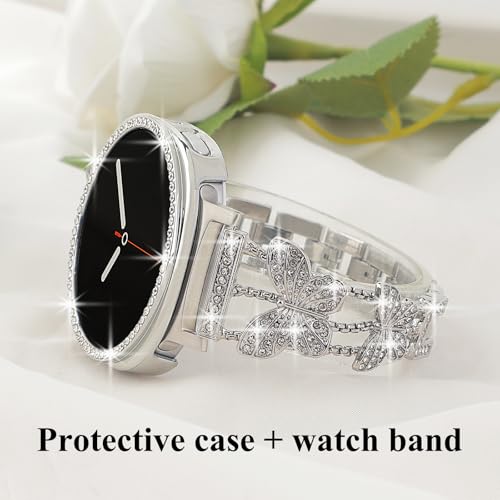 Alociaga Bling Band with Case Compatible for Samsung Galaxy Watch 8 40mm 44mm, Women Diamond Butterfly Metal Bracelet Rhinestone Strap with Protector Case(Silver, 40mm) - Image 3