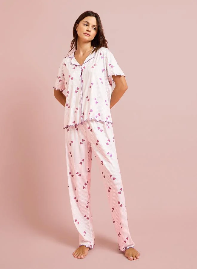 ستايلي Pink Heart Print Shirt and Pyjama Set