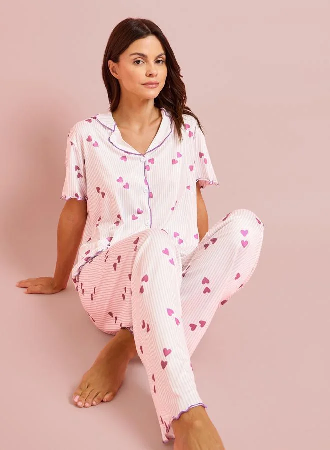 ستايلي Pink Heart Print Shirt and Pyjama Set