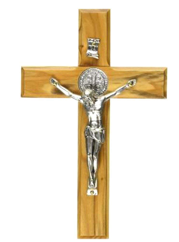 Holy Land Market Saint Benedict Wall Crucifix - Handmade Olive Wood & Metal Corpus, 10 Inch Religious Decor - Image 5