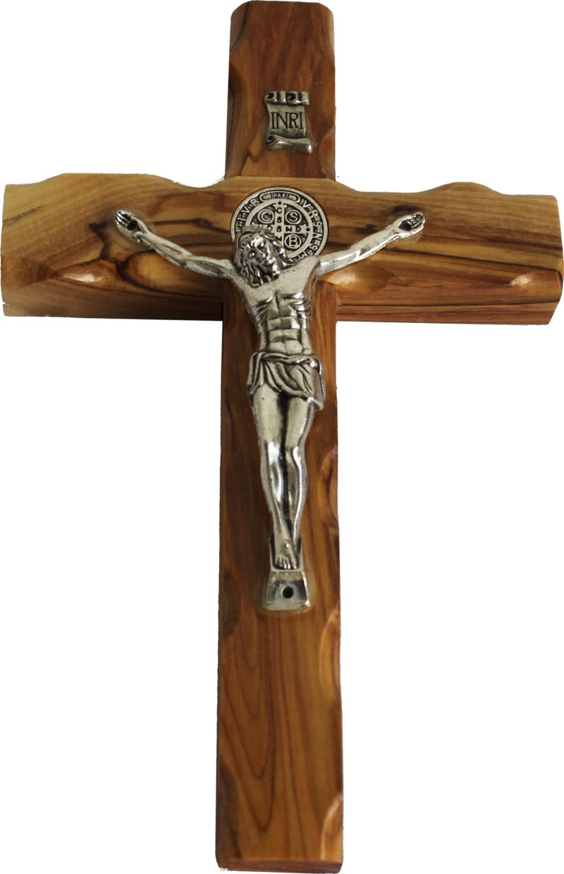 Holy Land Market Saint Benedict Wall Crucifix - Handmade Olive Wood & Metal Corpus, 10 Inch Religious Decor - Image 1