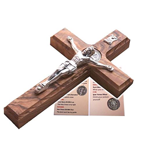 Holy Land Market Saint Benedict Wall Crucifix - Handmade Olive Wood & Metal Corpus, 10 Inch Religious Decor - Image 2