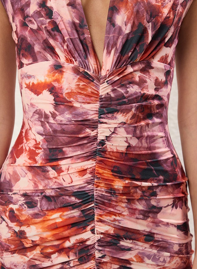 trendyol Dusty Rose Printed Bodycone/Fits on the Body Gathered Detailed Knitted Flexible Midi Pencil Dress - Image 3