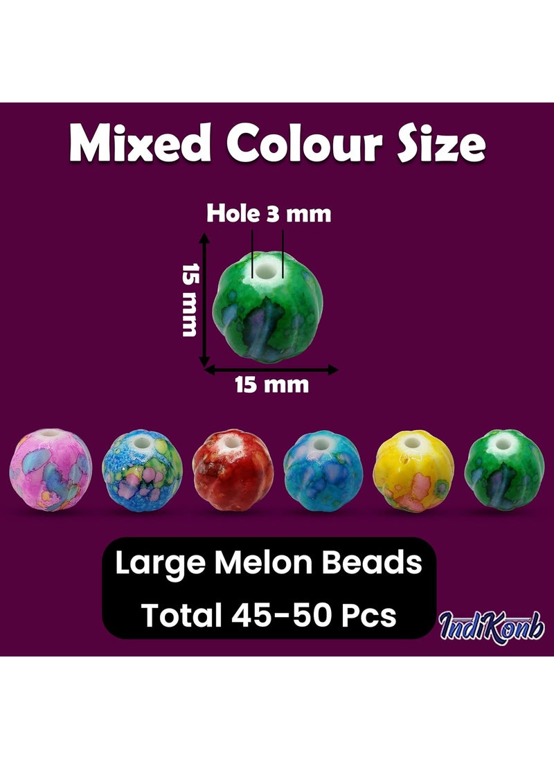 INDIKONB - INDIKONB Multicolour Large Melon Shape Beads 15MM - Plastic Beads for Jewelry Making, Craft Projects, DIY Accessories, and Home Decor - Image 1