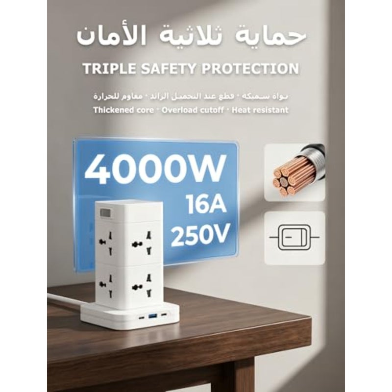 المملكة المتحدة برج قطاع الطاقة للاستخدام المنزلي والمكتبي، مادة الكمبيوتر مثبطات اللهب، أسود، 4 منافذ تيار متردد + 2 منافذ USB مع شحن سريع 20 واط ومصاريع سلامة الأطفال - Image 5