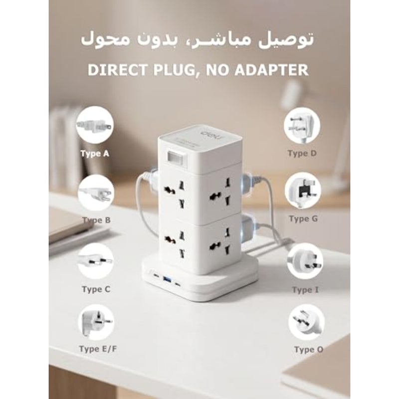 المملكة المتحدة برج قطاع الطاقة للاستخدام المنزلي والمكتبي، مادة الكمبيوتر مثبطات اللهب، أسود، 4 منافذ تيار متردد + 2 منافذ USB مع شحن سريع 20 واط ومصاريع سلامة الأطفال - Image 3