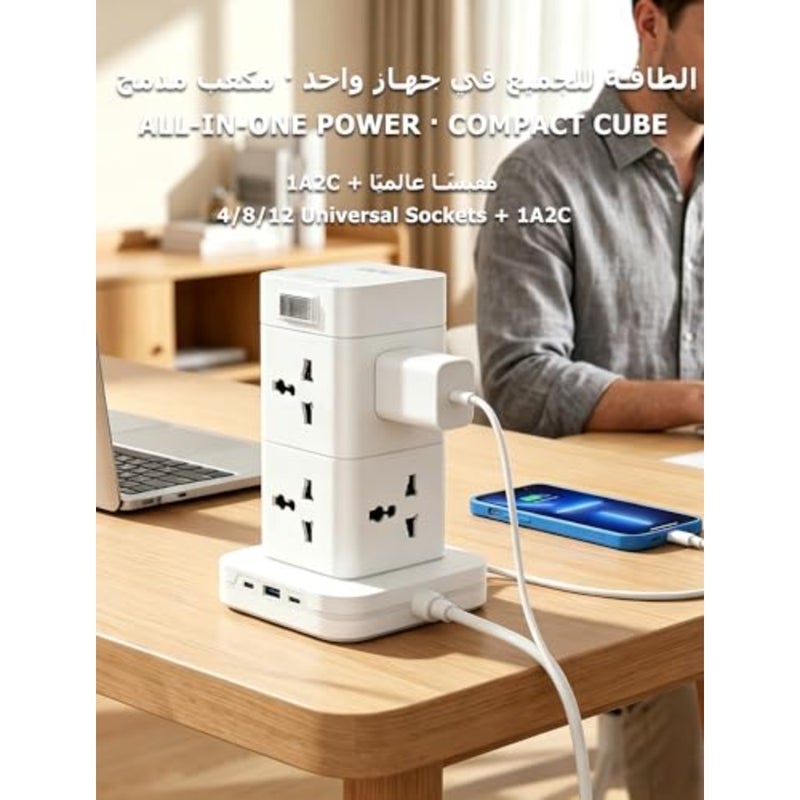 المملكة المتحدة برج قطاع الطاقة للاستخدام المنزلي والمكتبي، مادة الكمبيوتر مثبطات اللهب، أسود، 4 منافذ تيار متردد + 2 منافذ USB مع شحن سريع 20 واط ومصاريع سلامة الأطفال - Image 2