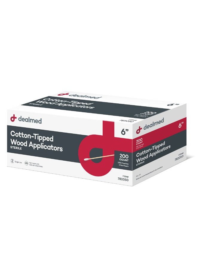 Dealmed - 6" Cotton-Tipped Wood Applicators – 200 Sterile Cotton-Tipped Applicators for Application of Medication, Cleaning Skin, Arts, Crafts and More (Box of 200) - Image 1