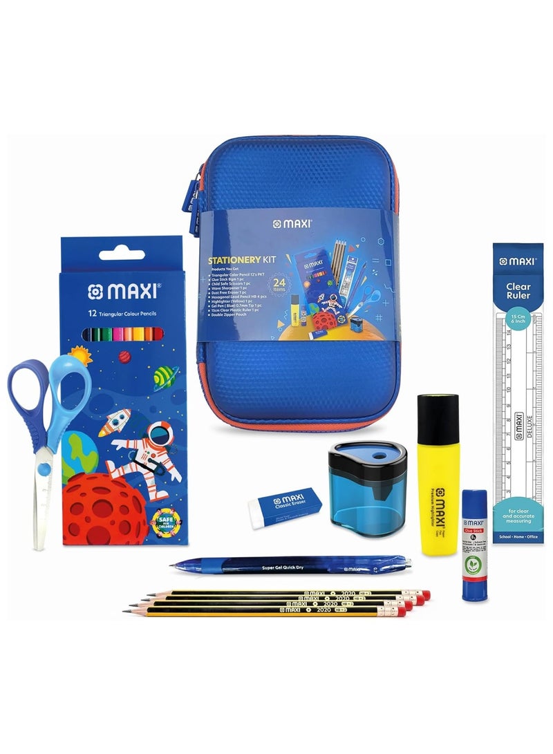Maxi 24-Piece School Stationery Kit Double Zipper Pencil Case Blue - Image 2