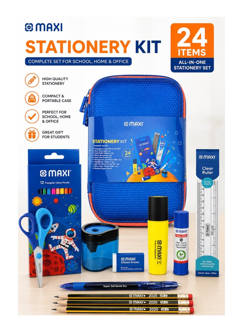 Maxi 24-Piece School Stationery Kit Double Zipper Pencil Case Blue - Image 1