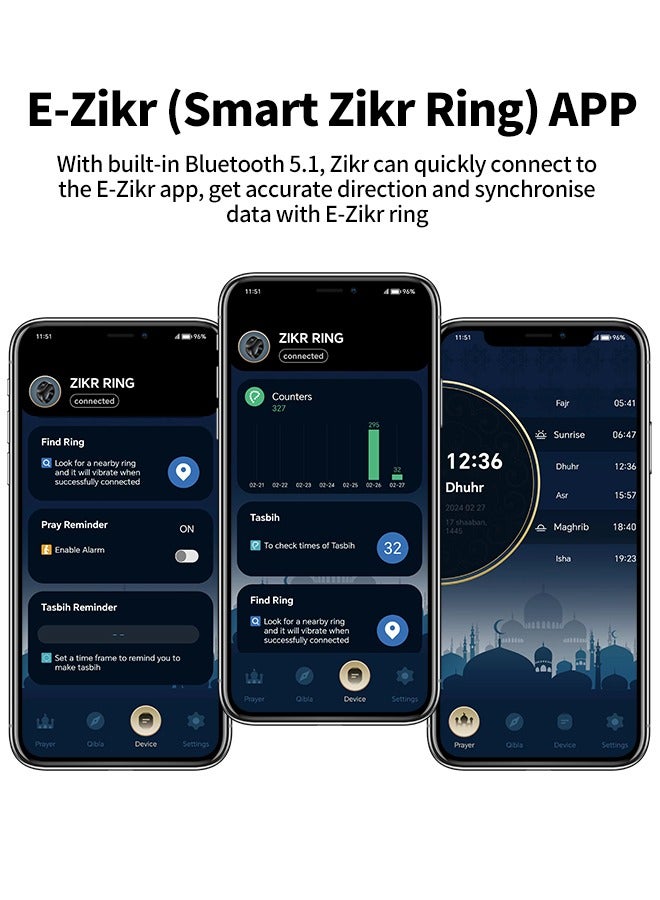 BESTIS Zikr Ring Smart Ring with  3 Sizes (18mm 20mm 22mm), Muslim Prayer, Prayer Timing Reminder, OLED Display Tasbih Counter, Smart Ring - Image 2