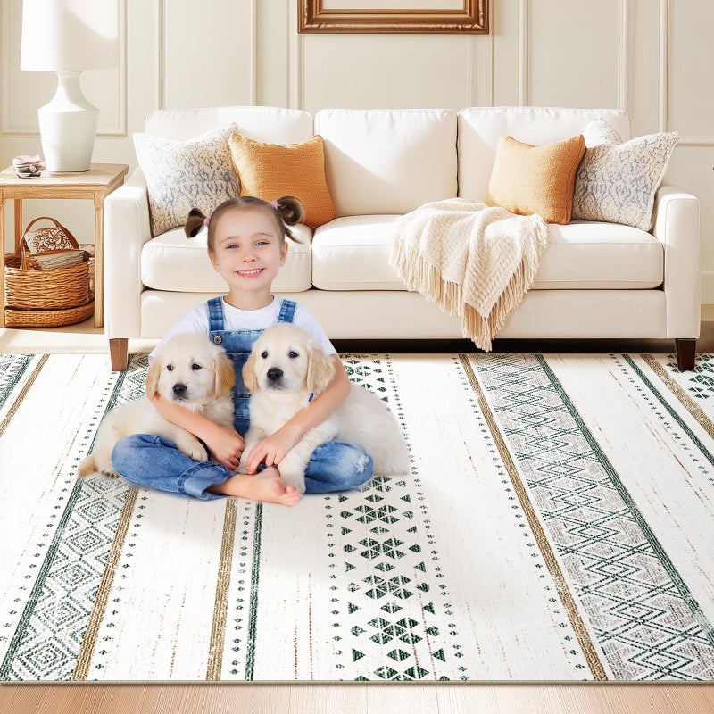 BESTSWEETIE 8x10 Area Rugs for Living Room Washable Moroccan Farmhouse Neutral Geometric Low Pile Non-Slip Soft Print Pattern Rug for Bedroom Kitchen Dining Room Entryway Green/Brown/Brown - Image 2