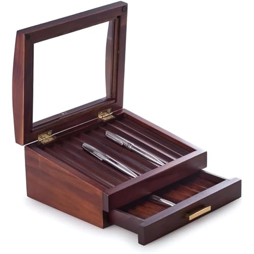 Bey-Berk Walnut Wood 19-Pen Display Box with Glass Top, Drawer, and Gold Accents – Desk Storage Organizer - Image 1