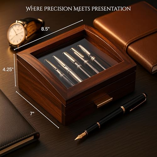 Bey-Berk Walnut Wood 19-Pen Display Box with Glass Top, Drawer, and Gold Accents – Desk Storage Organizer - Image 2