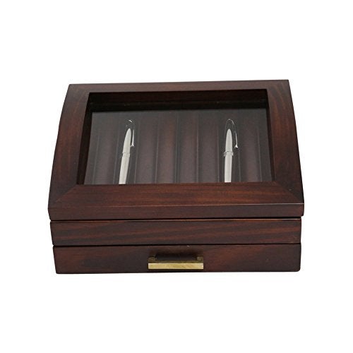Bey-Berk Walnut Wood 19-Pen Display Box with Glass Top, Drawer, and Gold Accents – Desk Storage Organizer - Image 4