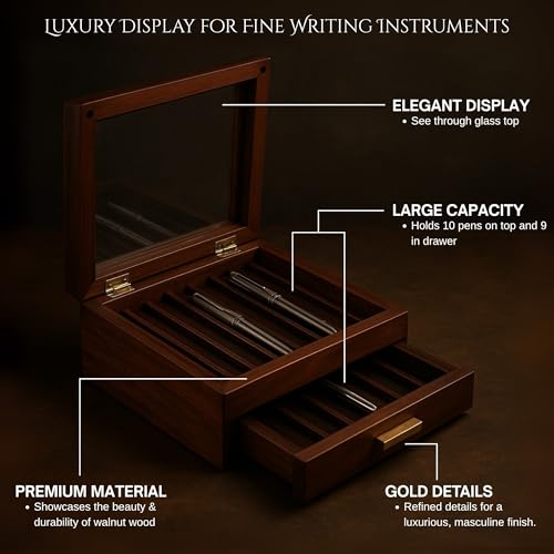 Bey-Berk Walnut Wood 19-Pen Display Box with Glass Top, Drawer, and Gold Accents – Desk Storage Organizer - Image 3