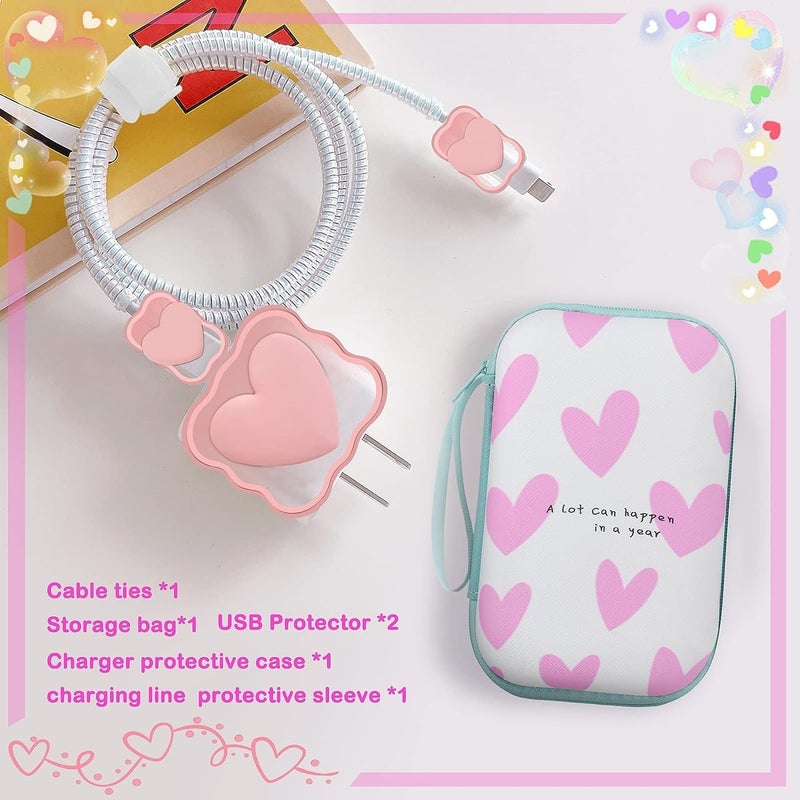 FACTOTECH iPhone Charger Protector Case with Carrying Bag Compatible for Apple 18W 20W iPhone 15 14 13 12 11 Pro/PRO MAX Adapter and Lightning Cable Protective Sleeve with Pouch Case(Pink Heart) - Image 2