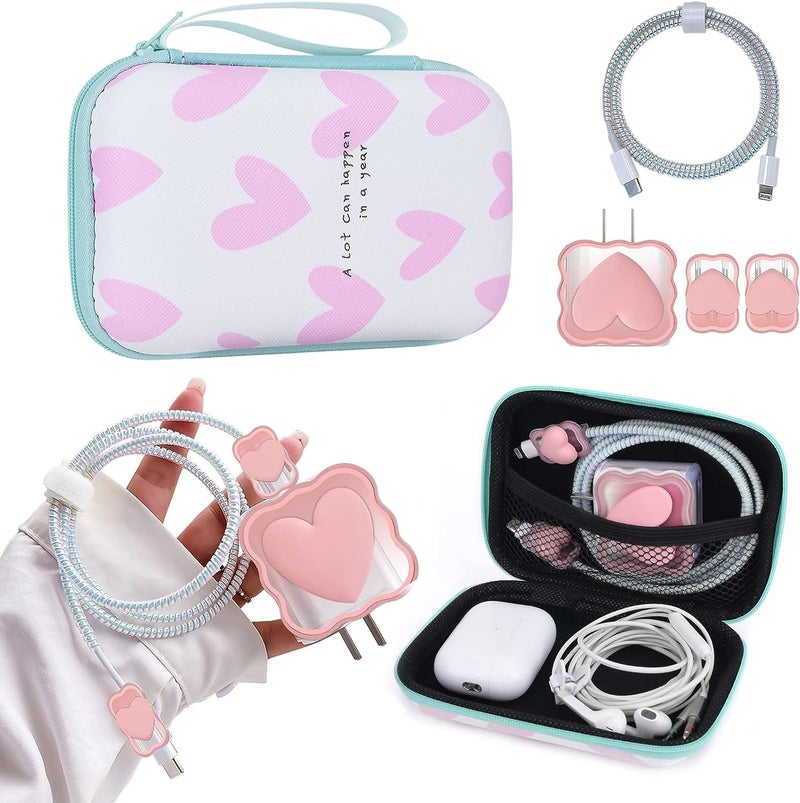 FACTOTECH iPhone Charger Protector Case with Carrying Bag Compatible for Apple 18W 20W iPhone 15 14 13 12 11 Pro/PRO MAX Adapter and Lightning Cable Protective Sleeve with Pouch Case(Pink Heart) - Image 1