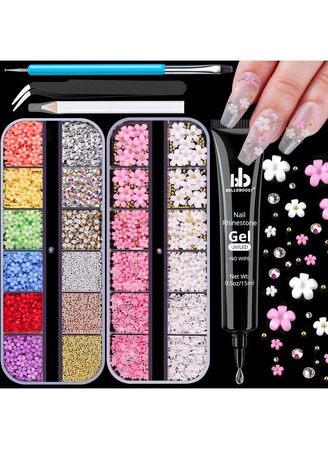 BELLEBOOST 3D Flowers Manicure Gems With Nail Rhinestone Glue Gel Colorful Acrylic Flower Nail Charms With Caviar Beads Rhinestones For Nails And Gem Glue For Nails (Uvled Needed) With Pickup & Dotting Tools  - Image 1