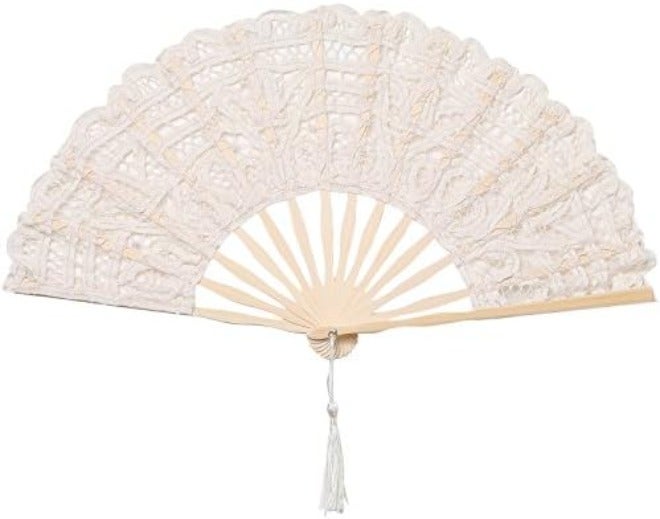 BABEYOND Cotton Lace Folding Handheld Fan with Bamboo Frame for Wedding Decoration and Parties - Beige - Image 1