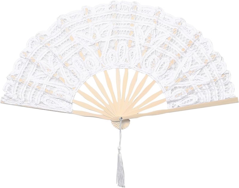 BABEYOND Cotton Lace Folding Handheld Fan with Bamboo Frame for Wedding Decoration and Parties - Beige - Image 2