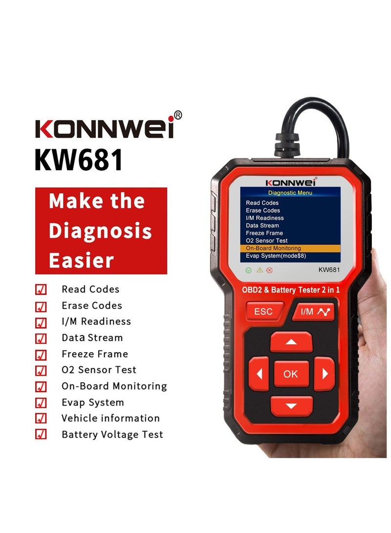 كونوي جهاز فحص بطارية السيارة obd2، 6 فولت 12 فولت، ماسح ضوئي تشخيصي للسيارة 2 في 1، جهاز فحص حمل مولد بطارية السيارة، أداة فحص قارئ رمز المحرك - Image 1