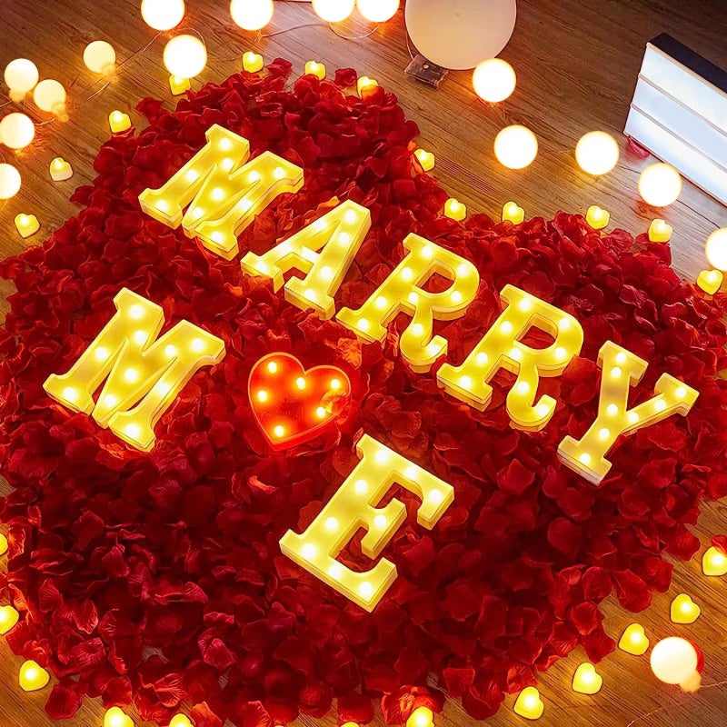 GPUSFAK 6132pcs Marry Me Marquee Light Up Letters- LED Letter Number Light Sign with Round Light Rose Petal Balloons Decoration for Proposal Engagement Wedding Home Table Decor White - Image 4