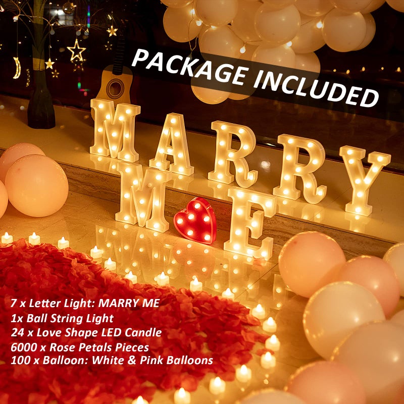 GPUSFAK 6132pcs Marry Me Marquee Light Up Letters- LED Letter Number Light Sign with Round Light Rose Petal Balloons Decoration for Proposal Engagement Wedding Home Table Decor White - Image 2