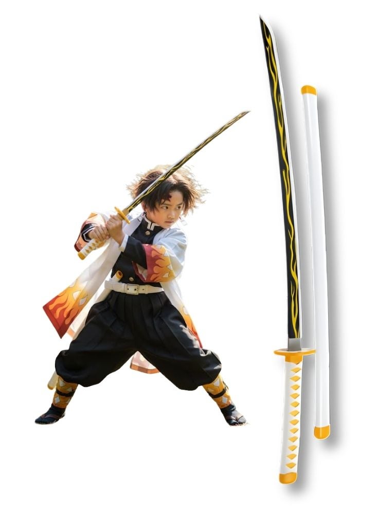 بريميم سيف كاتانا خشبي مستوحى من رينغوكو كيوجورو من أنمي قاتل الشياطين، لعبة للأطفال - سيف ساموراي خشبي على طراز هاشيرا اللهب مع غمد، سلاح لعب أدوار أنمي كوسبلاي، نصل تدريب آمن - Image 1