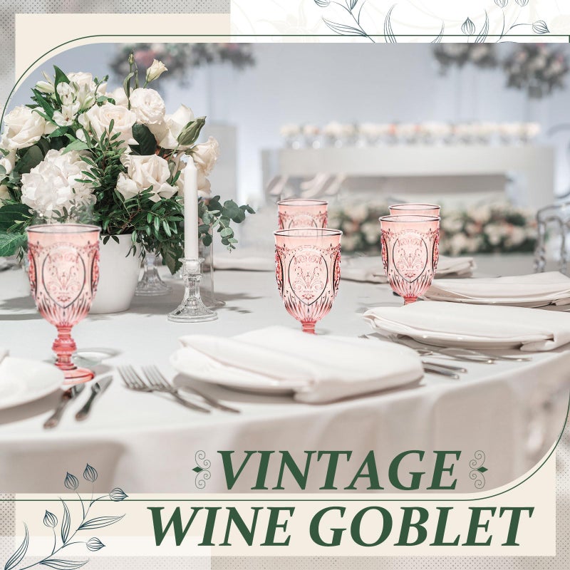Wiwiqing 48 Pcs Plastic Goblets 7.5oz Vintage Goblet Plastic Wine Glasses Colored Retro Embossed Water Goblets for Wine Bar Juice Baby Shower Wedding Reception Grand Event Party (Pink) - Image 5