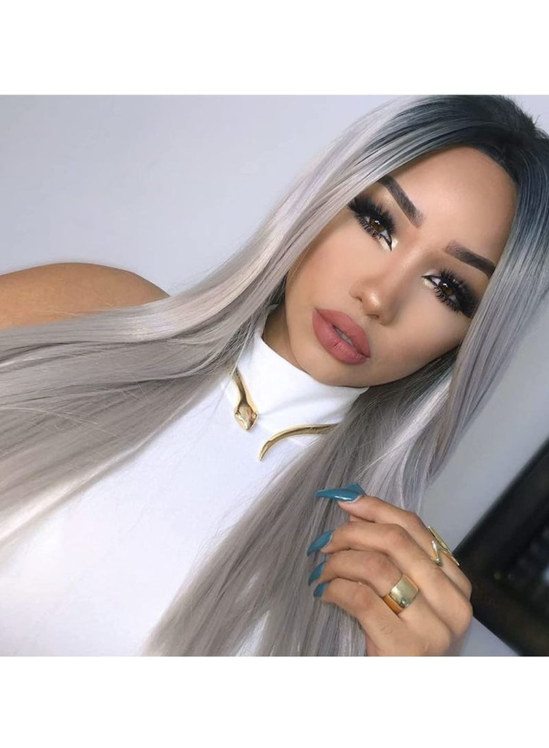 إستيل أومبير رمادي دانتيل أمامي باروكة شعر مستعار صناعي طويل مستقيم للنساء نصف يد 22 بوصة شعر مستعار - Image 1