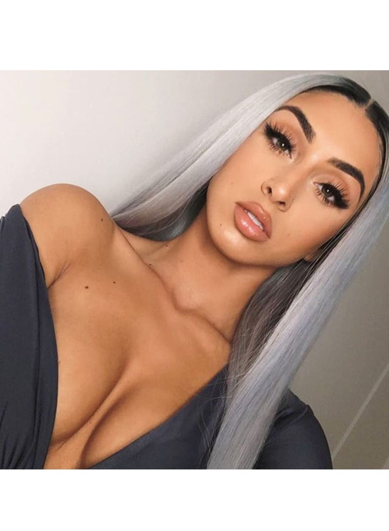 إستيل أومبير رمادي دانتيل أمامي باروكة شعر مستعار صناعي طويل مستقيم للنساء نصف يد 22 بوصة شعر مستعار - Image 3