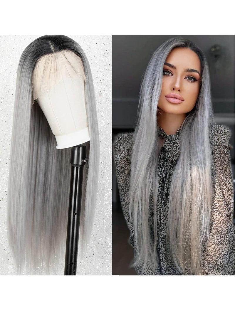 إستيل أومبير رمادي دانتيل أمامي باروكة شعر مستعار صناعي طويل مستقيم للنساء نصف يد 22 بوصة شعر مستعار - Image 2