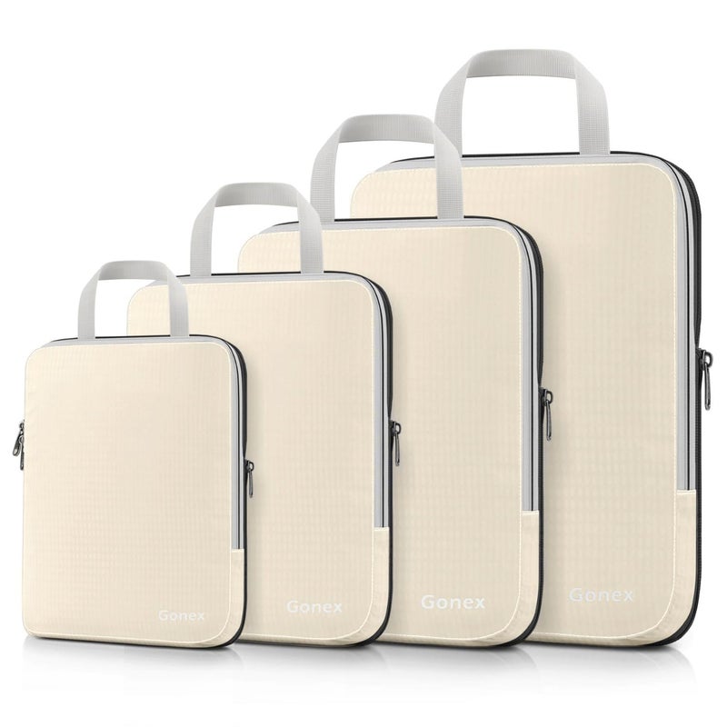 Gonex أكياس تعبئة ضغط غونيكس، 4 قطع حقائب سفر قابلة للتوسيع منظم الأمتعة (4 قطع كريمي) - Image 1