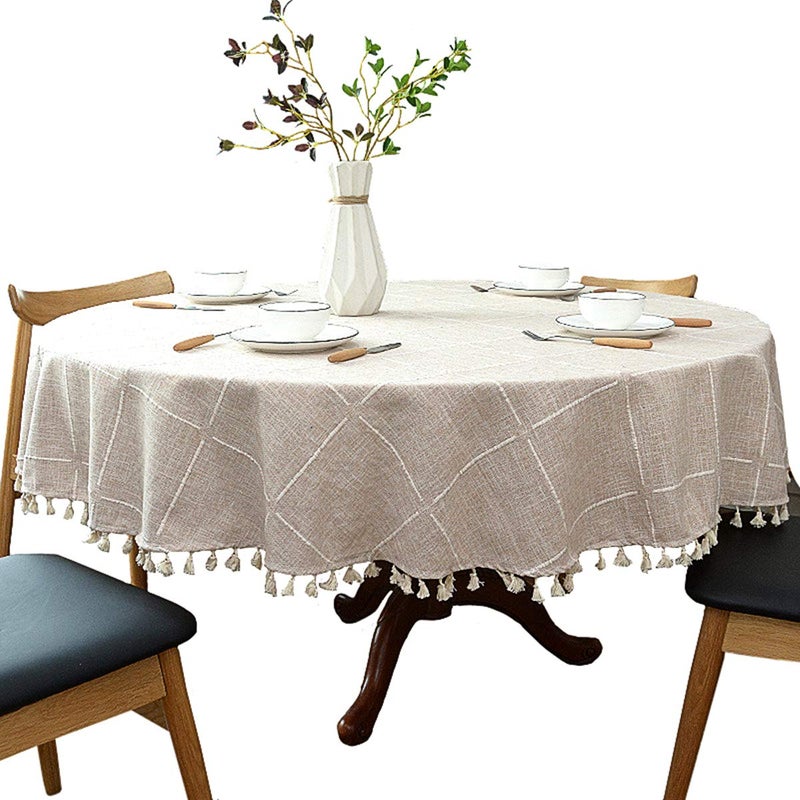 Heavyweight Cotton and Linen Tablecloth Plaid Tassel Round Table Cover Suitable for Small Kitchen and Dining Room Tables 30 Inches 40 Inches in Diameter Round Beige